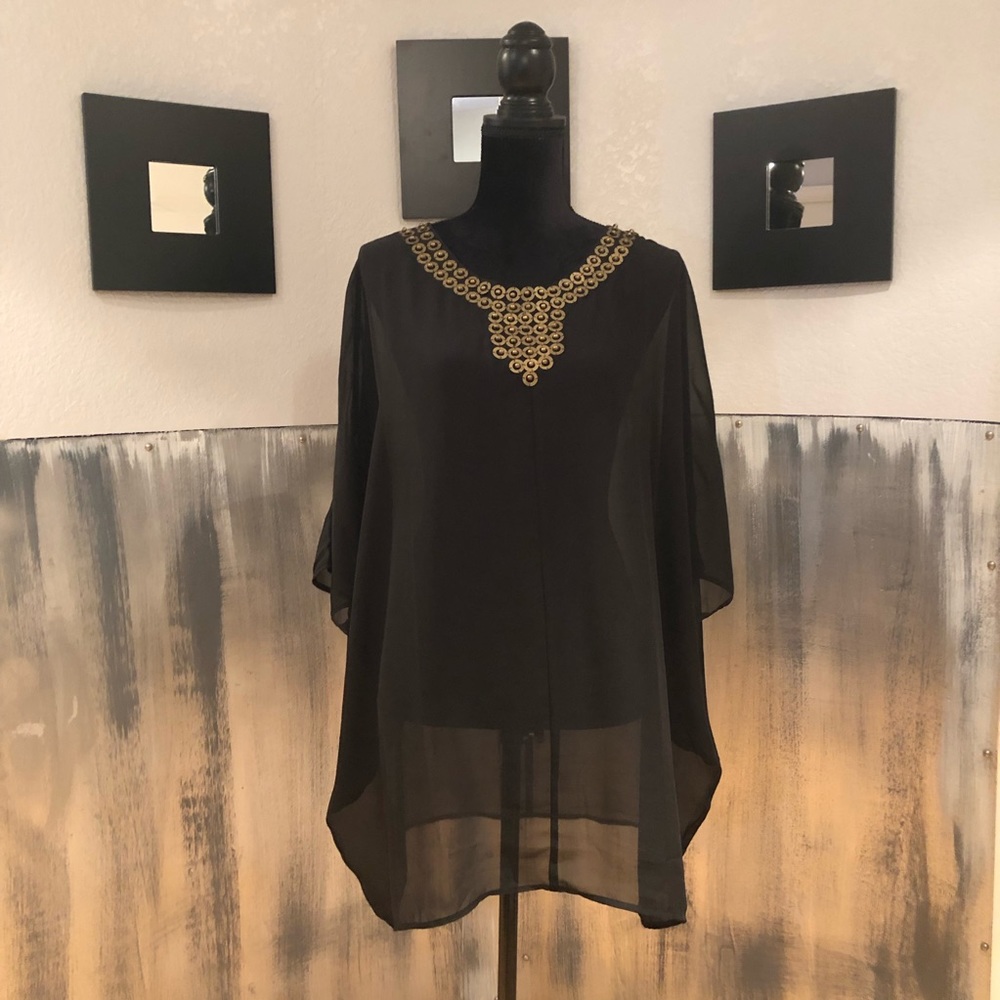 Black Sheer Swimsuit Coverup With Beaded Detail XL